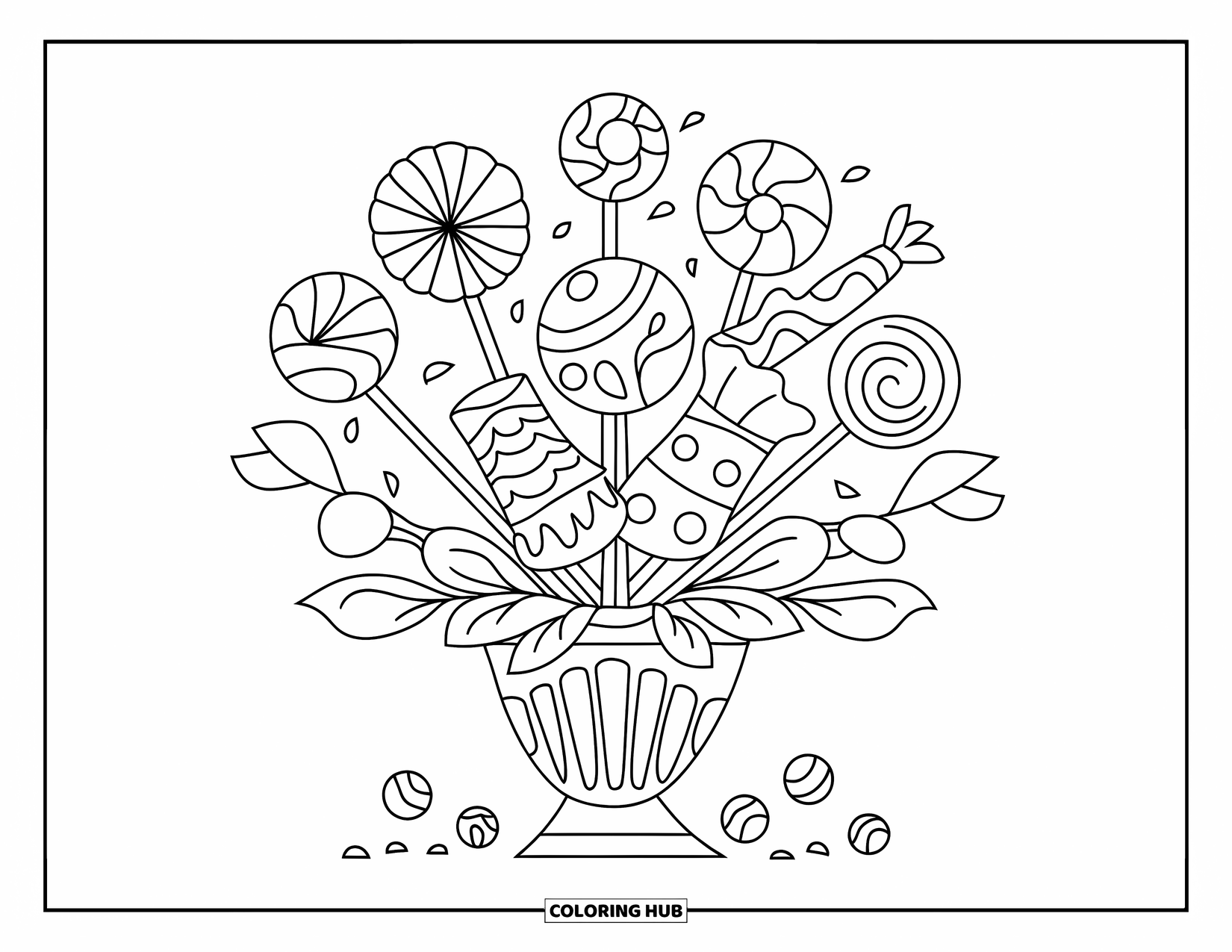 Candy Coloring Page for Kids: A candy bouquet with wrapped candies arranged like flowers in a vase, with small candies around it