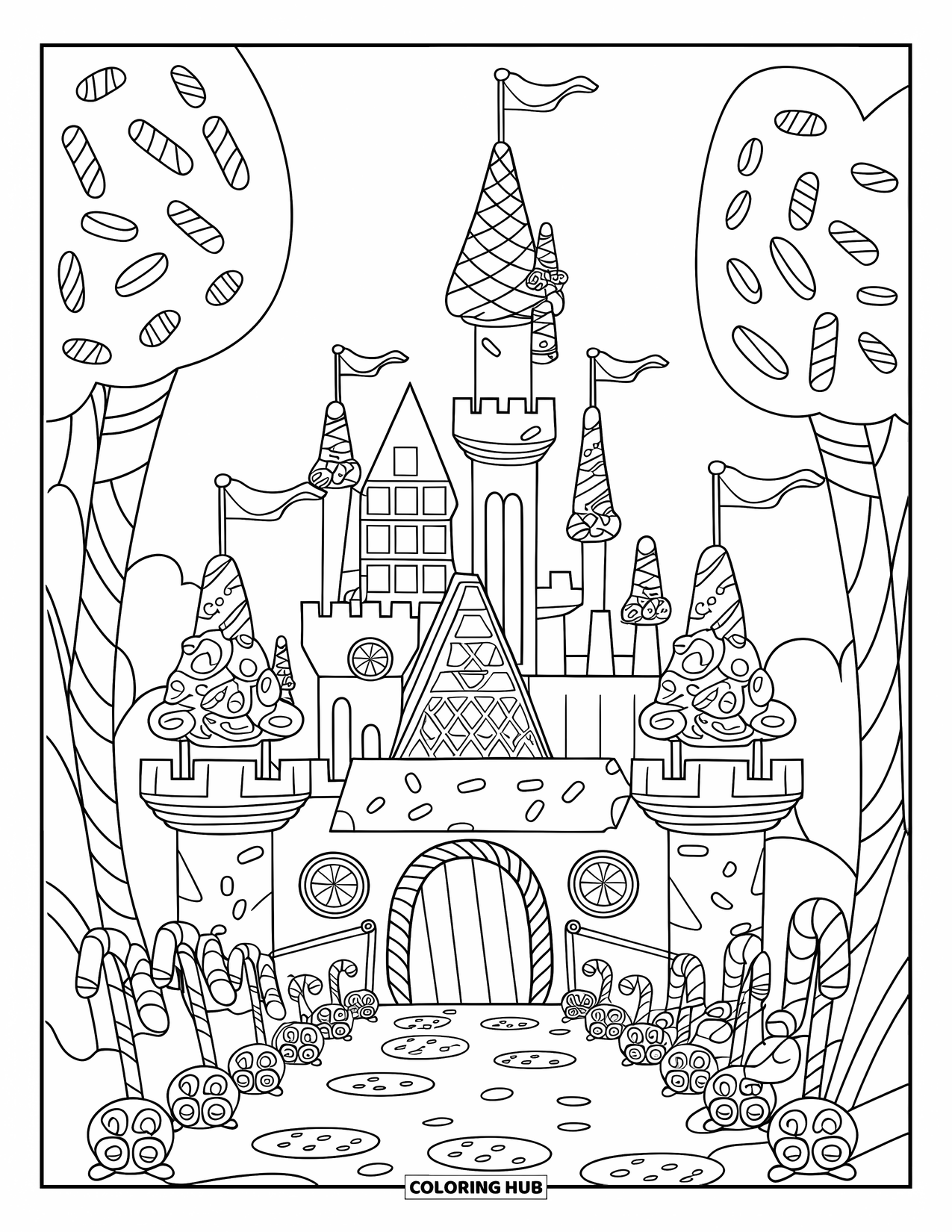 Candy Coloring Page for Kids: A candy castle with chocolate bar towers, a drawbridge, and candy cane soldiers standing guard