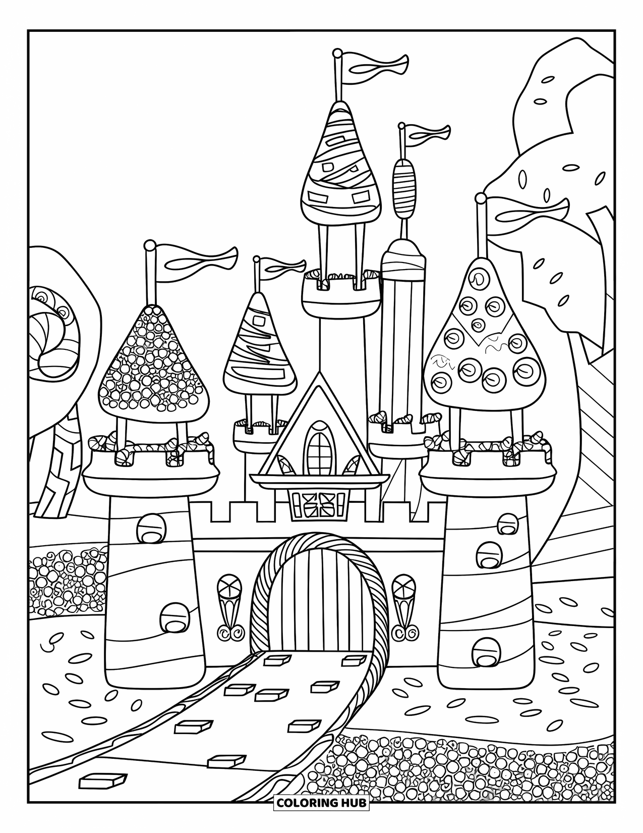 Candy Coloring Page for Kids: A candy castle with chocolate bar towers, a moat filled with candy, and candy structures in the background