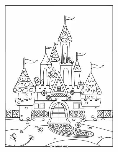 Candy Coloring Page for Kids: A candy castle with chocolate bar towers, gumdrop flowers, and a drawbridge over a gumdrop moat