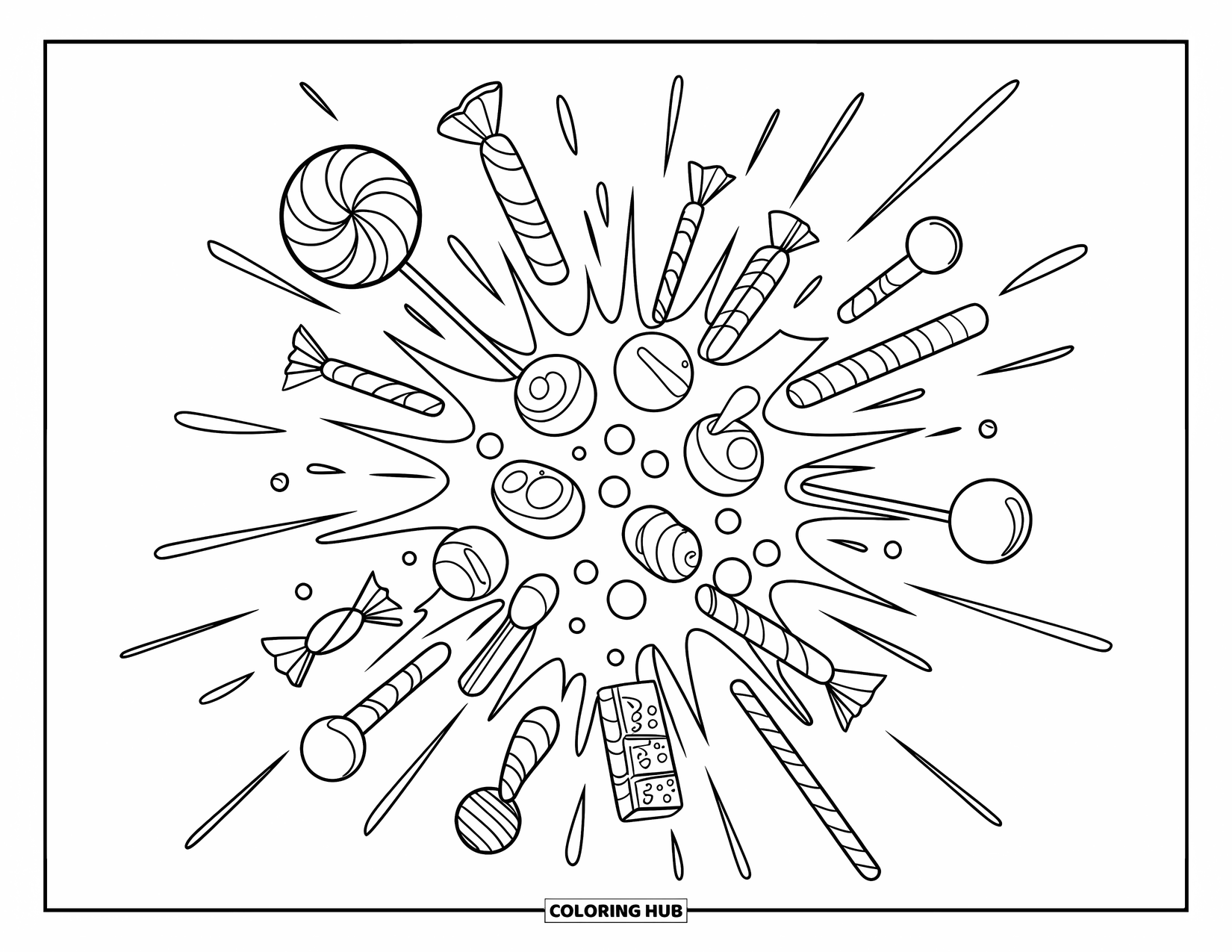 Candy Coloring Page for Kids: A candy explosion with lollipops, chocolates, and gumdrops bursting outward in a bold design