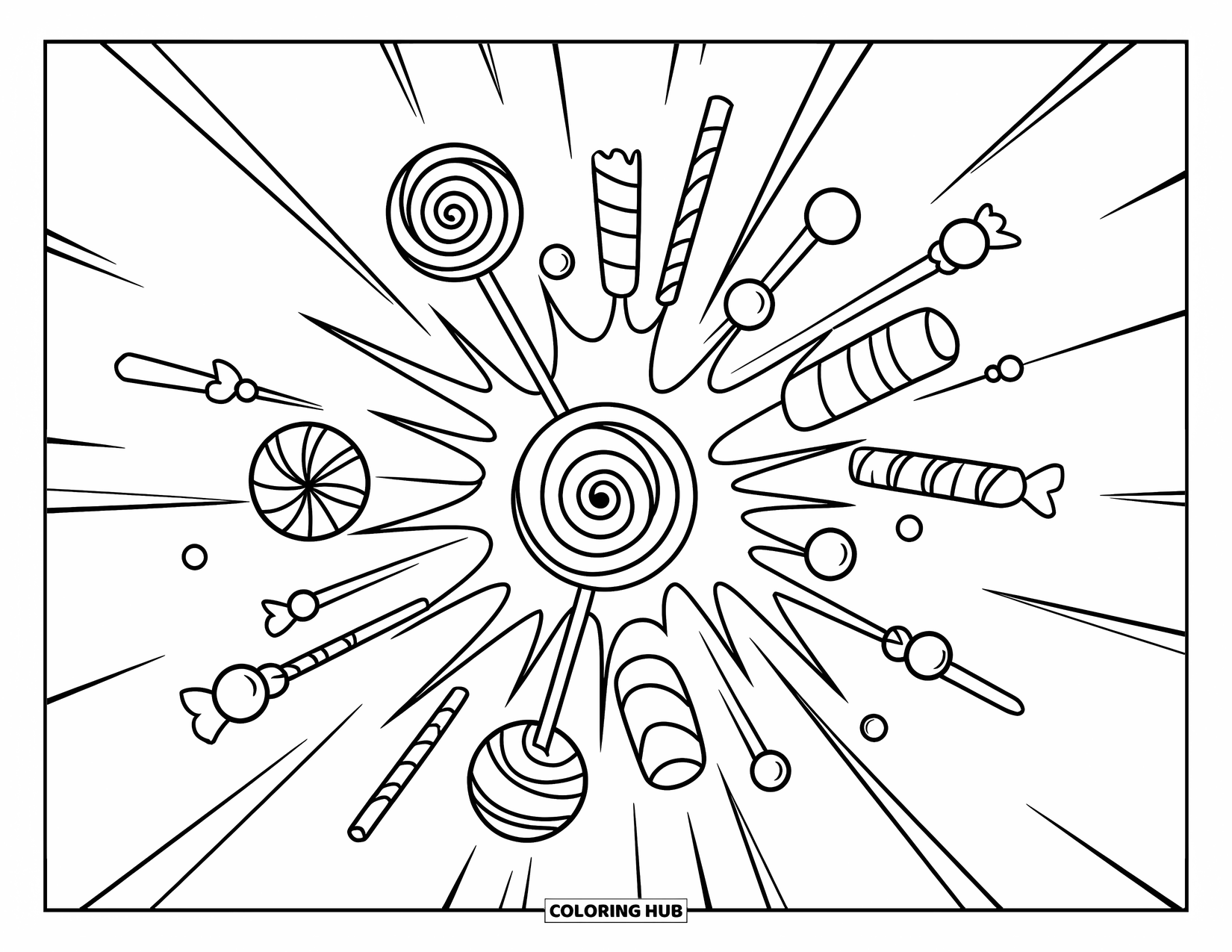 Candy Coloring Page for Kids: A candy explosion with lollipops, chocolates, and gumdrops bursting outward in a bold, dynamic design
