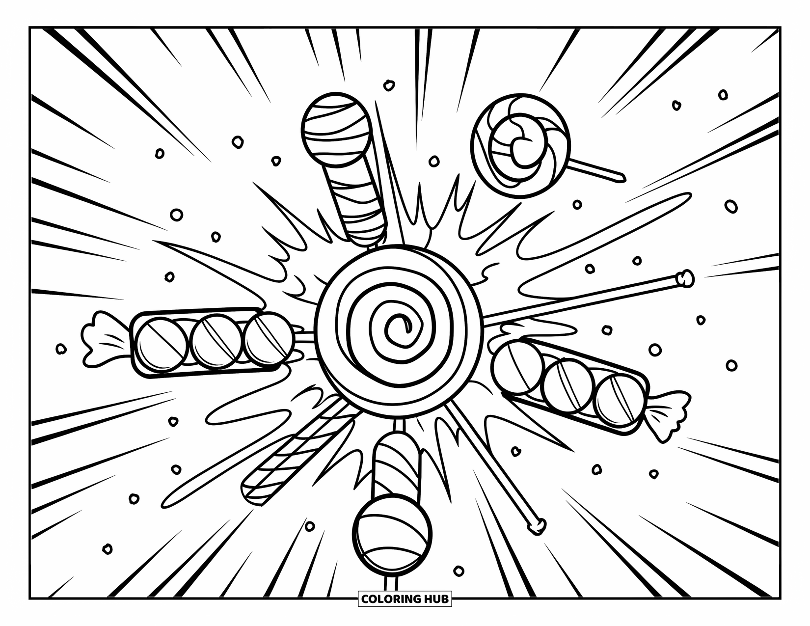Candy Coloring Page for Kids: A candy explosion with lollipops, chocolates, and gumdrops bursting outward in a fun design