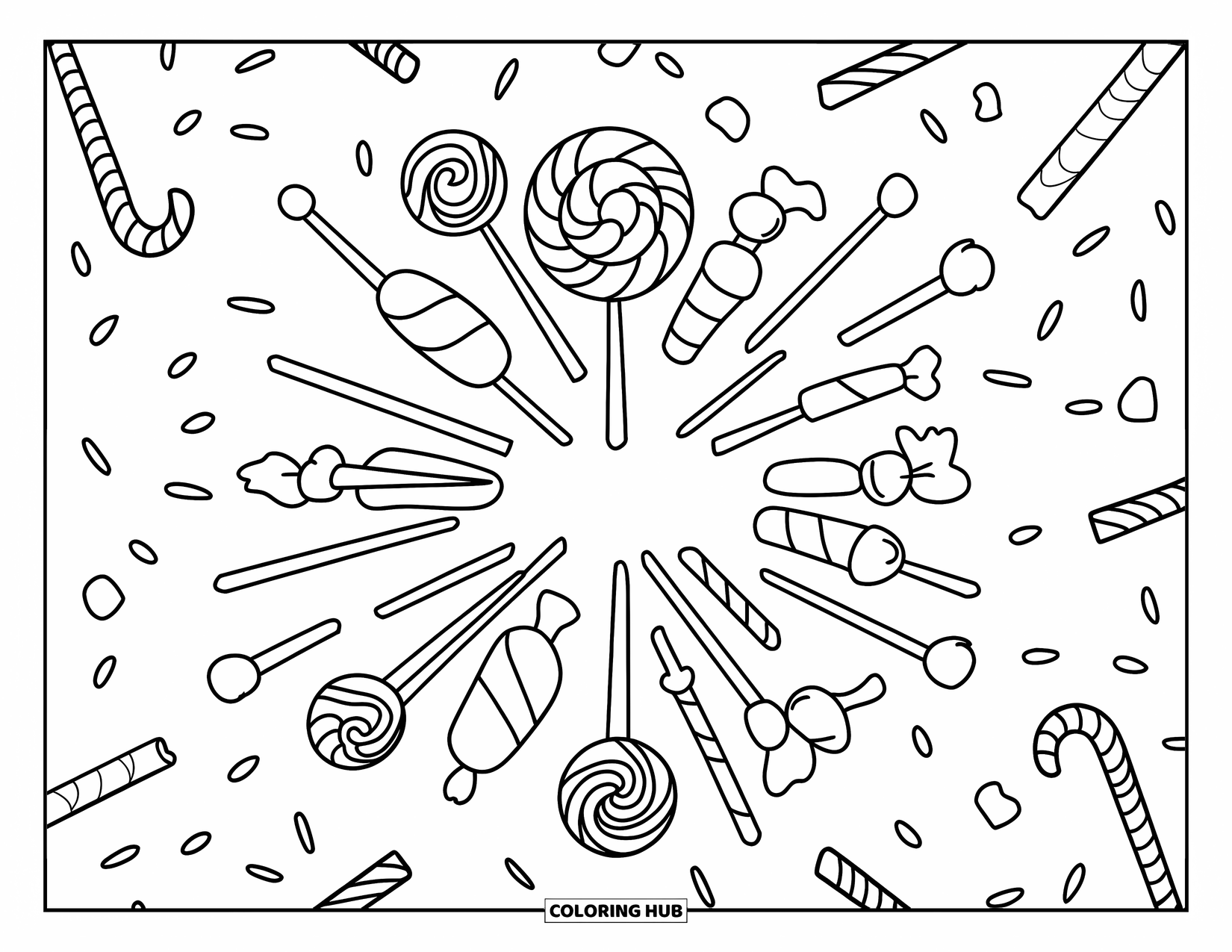 Candy Coloring Page for Kids: A candy explosion with lollipops, chocolates, gumdrops, candy canes, marshmallows, and sprinkles