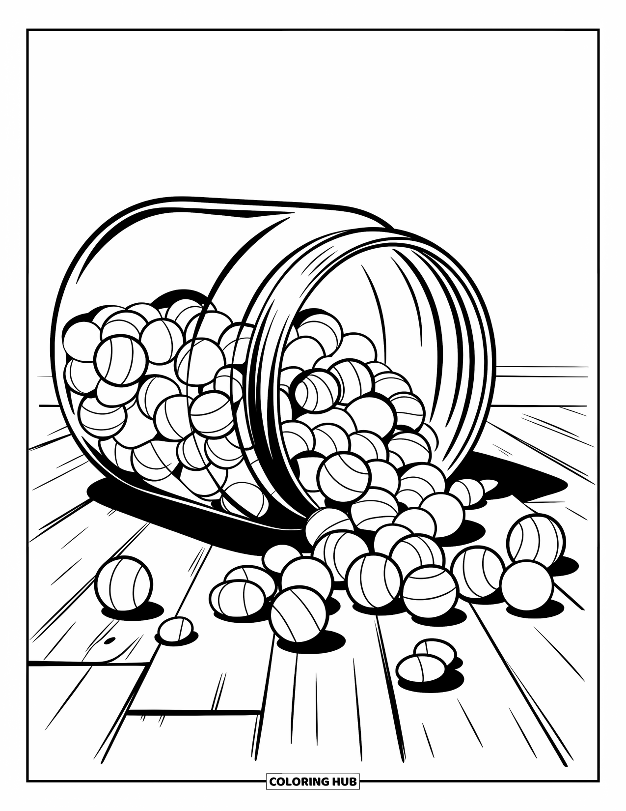 Candy Coloring Page for Kids: A candy jar tipped over with candies spilling out onto a wooden floor