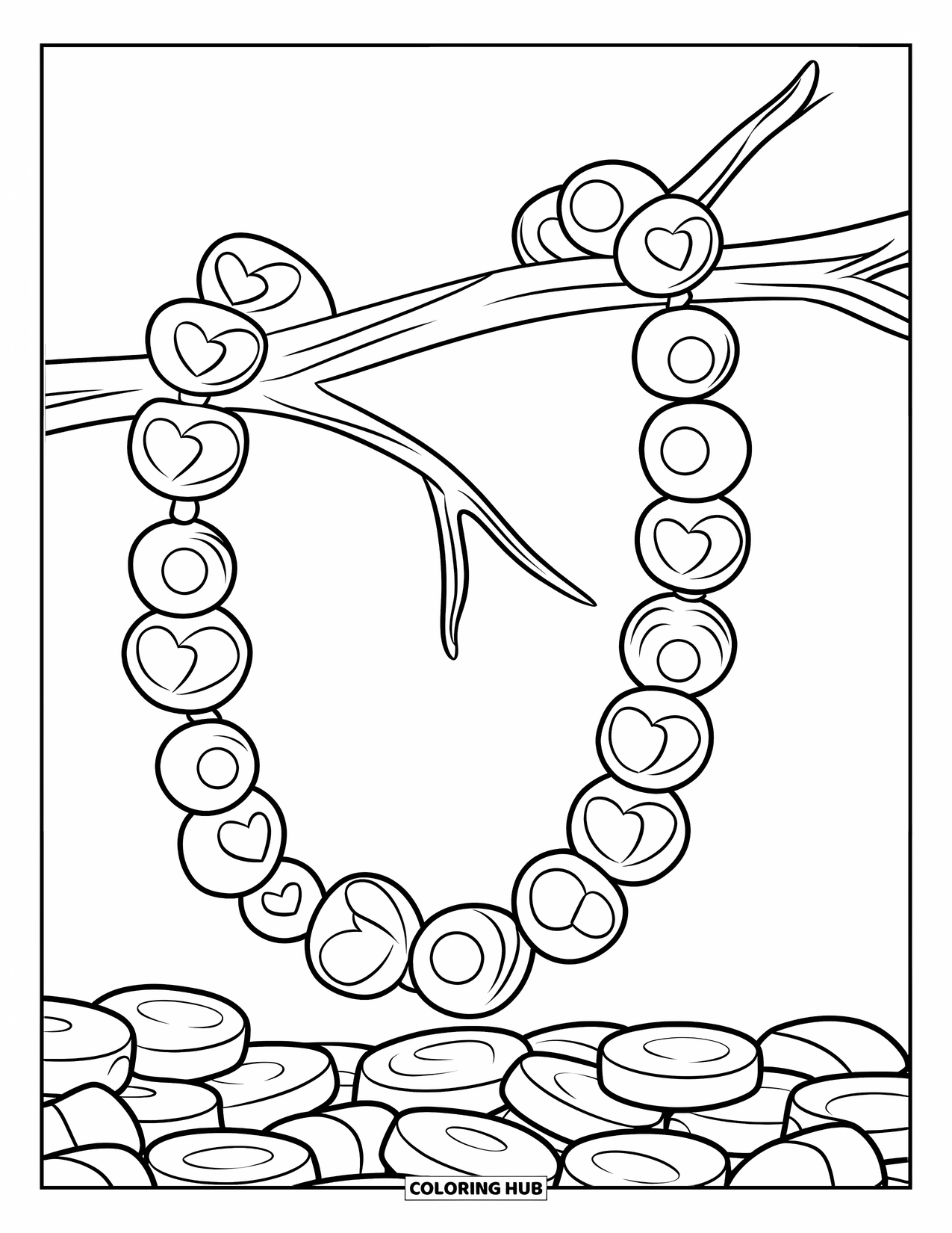 Candy Coloring Page for Kids: A candy necklace with heart-shaped beads and round candies, draped over a branch