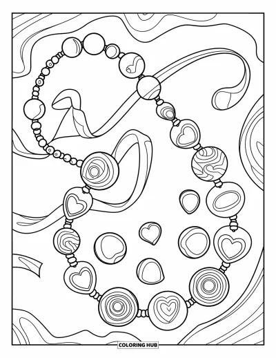 Candy Coloring Page for Kids: A candy necklace with heart-shaped beads and round candies, with a clasp, hanging from a branch