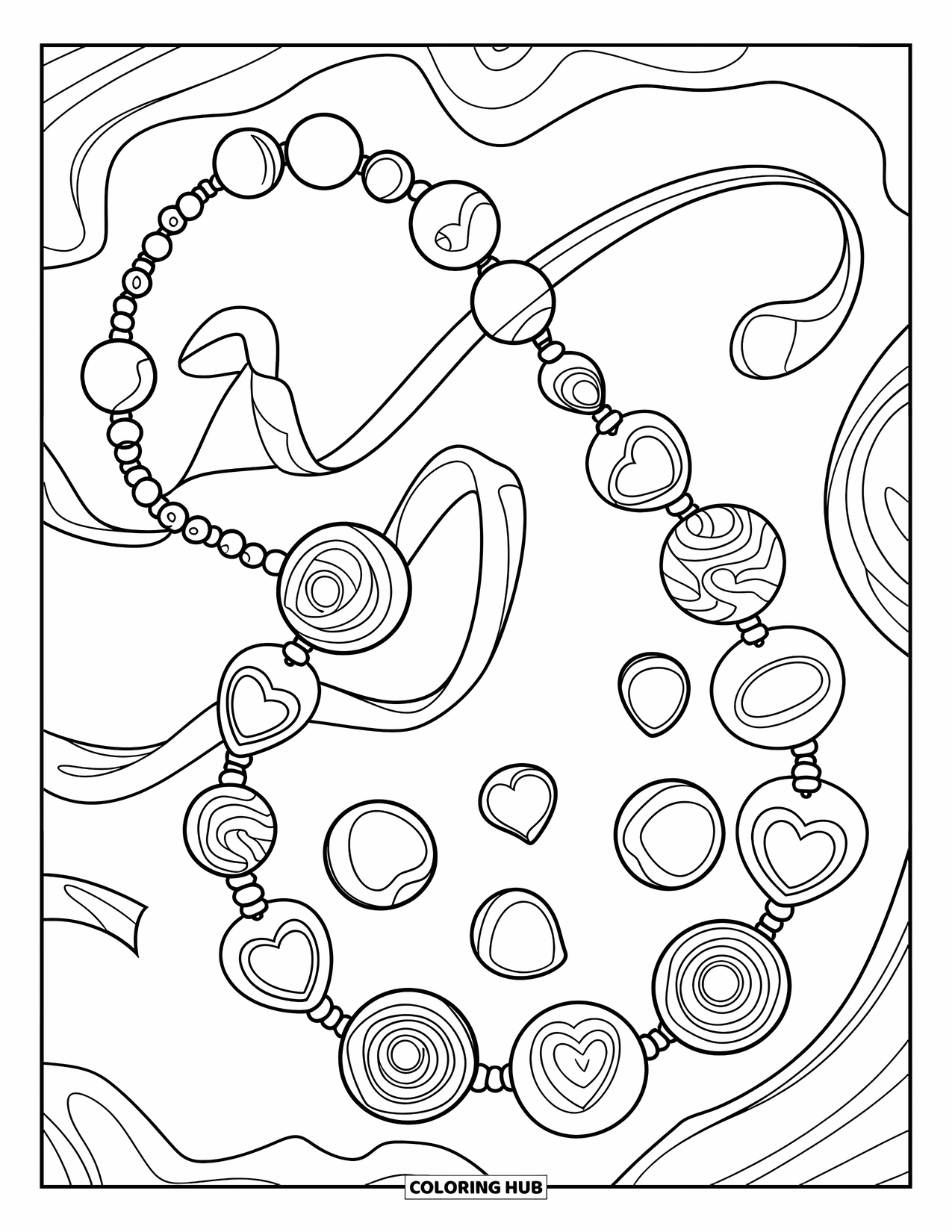 Candy Coloring Page for Kids: A candy necklace with heart-shaped beads and round candies, with a clasp, hanging from a branch