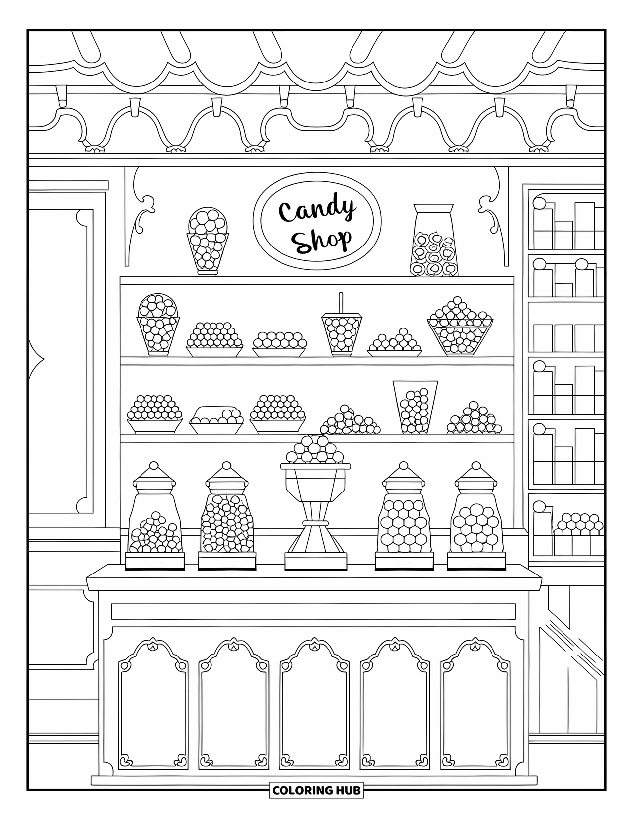 Candy Coloring Page for Kids: A candy shop interior with shelves filled with candies and jars on the counter in a cute design