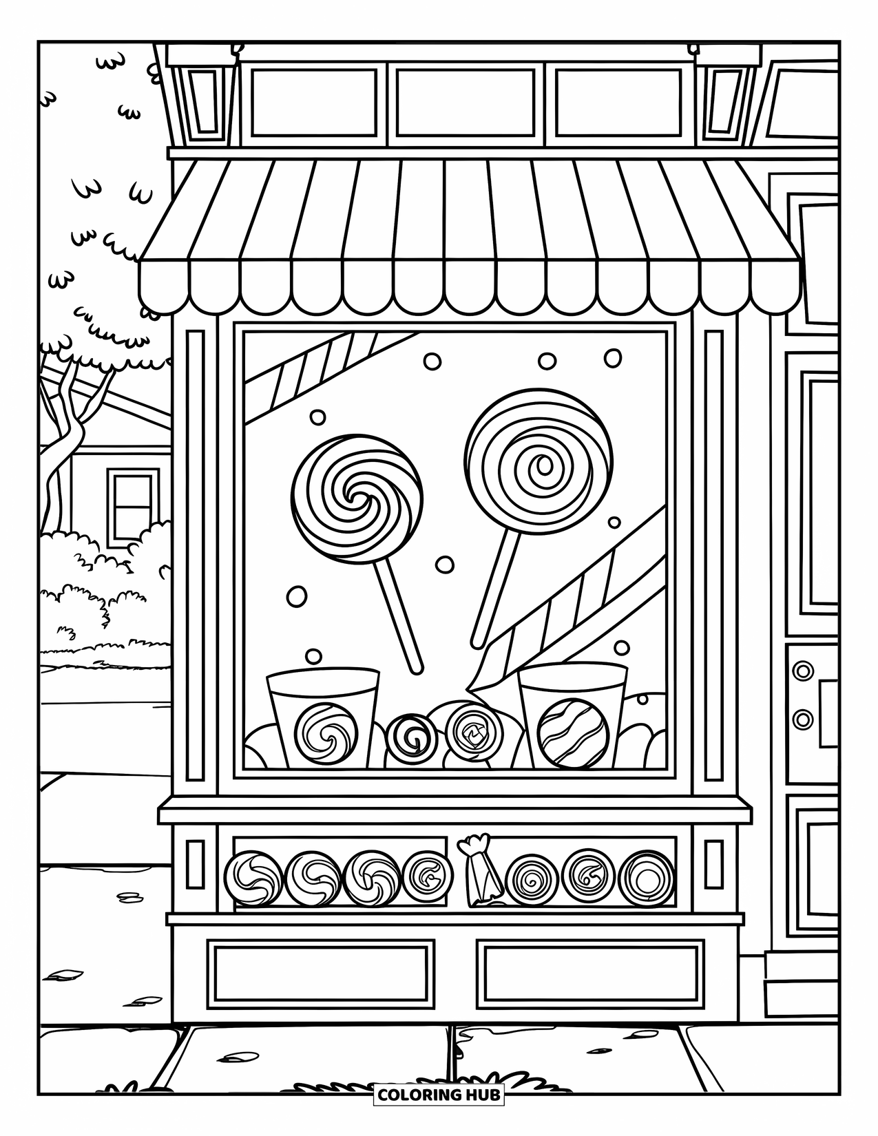 Candy Coloring Page for Kids: A candy shop with a large window, pink striped awning, and various candies on the windowsill