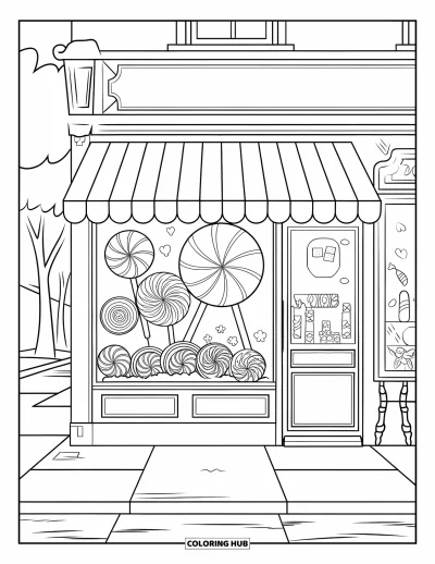 Candy Coloring Page for Kids: A candy shop with a large window, striped awning, and candy-themed decorations inside