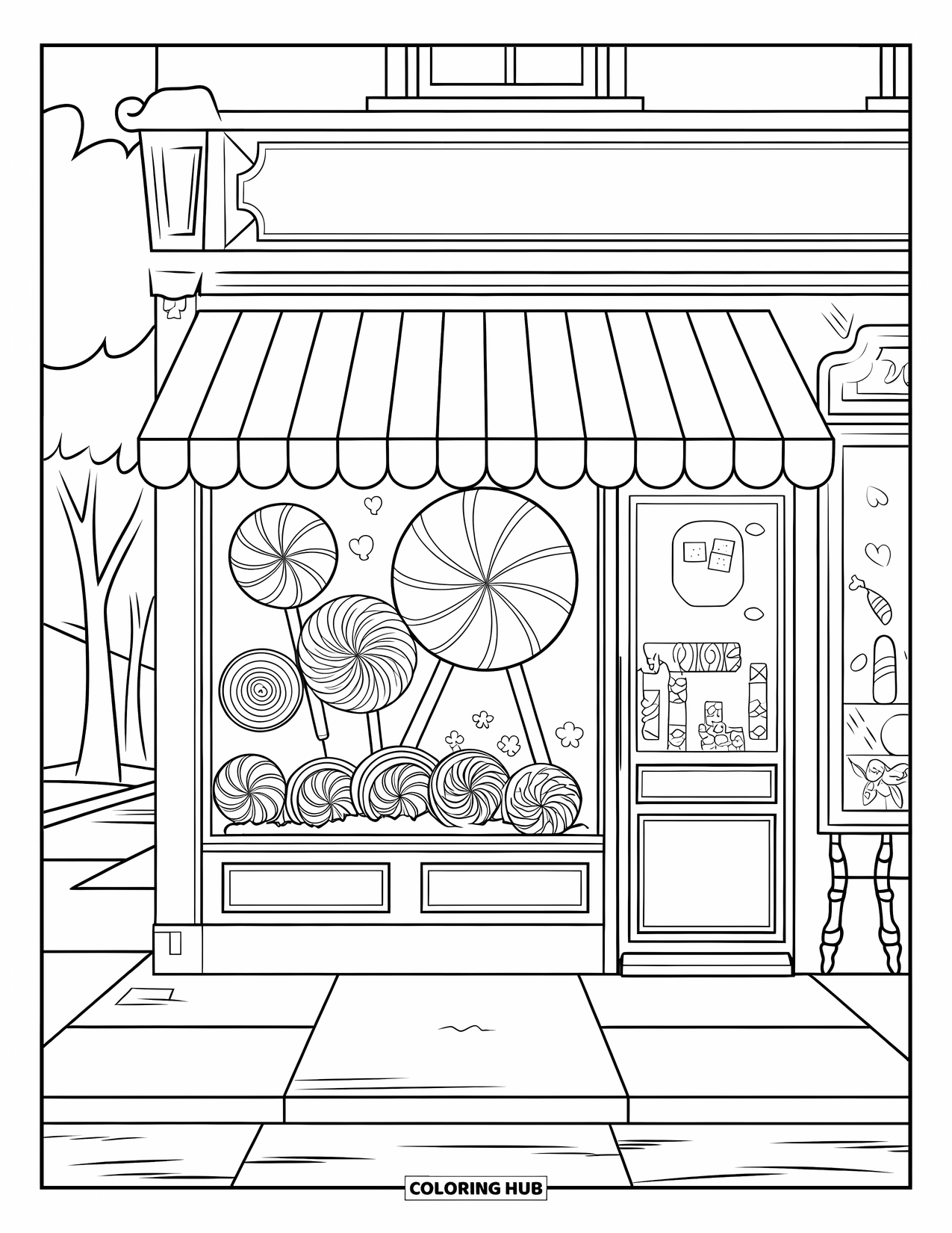 Candy Coloring Page for Kids: A candy shop with a large window, striped awning, and candy-themed decorations inside