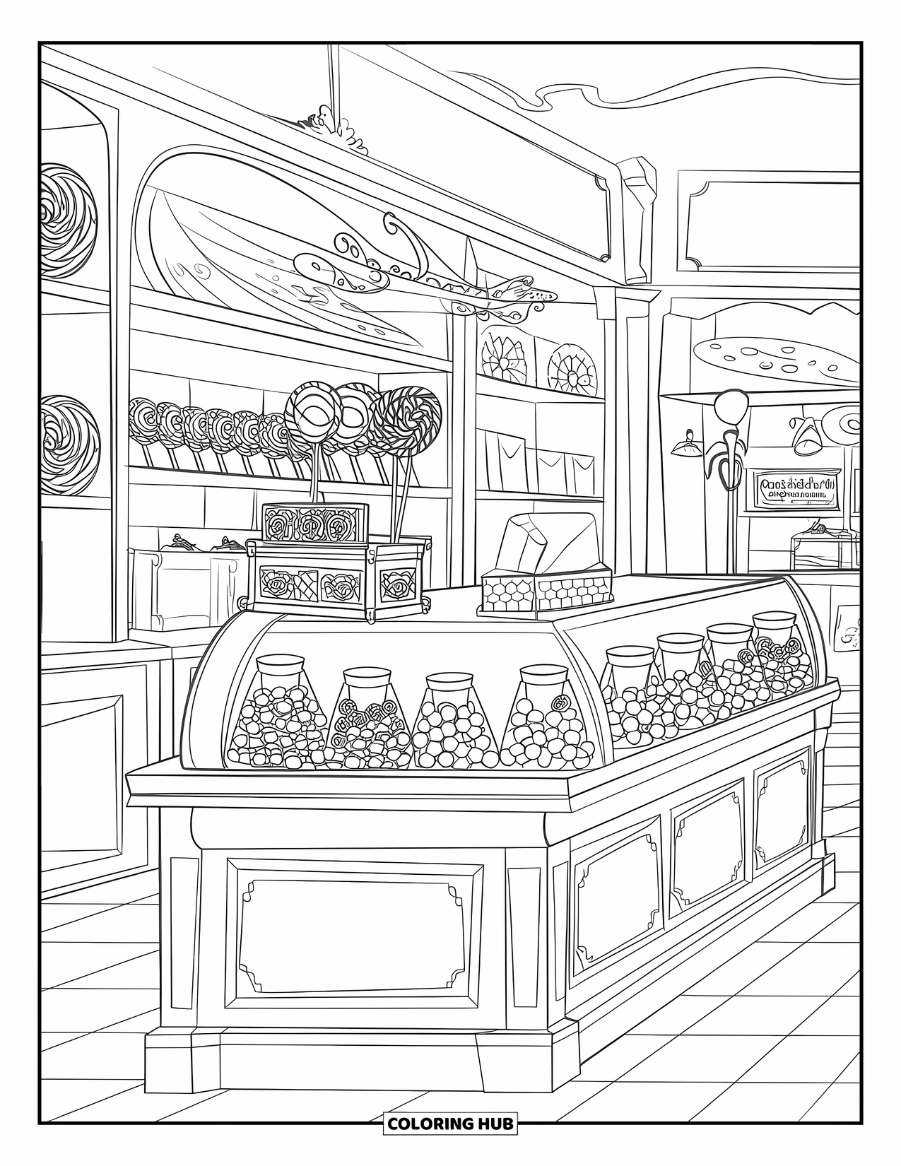 Candy Coloring Page for Kids: A candy shop with shelves of lollipops, chocolates, gummies, and a checkered floor