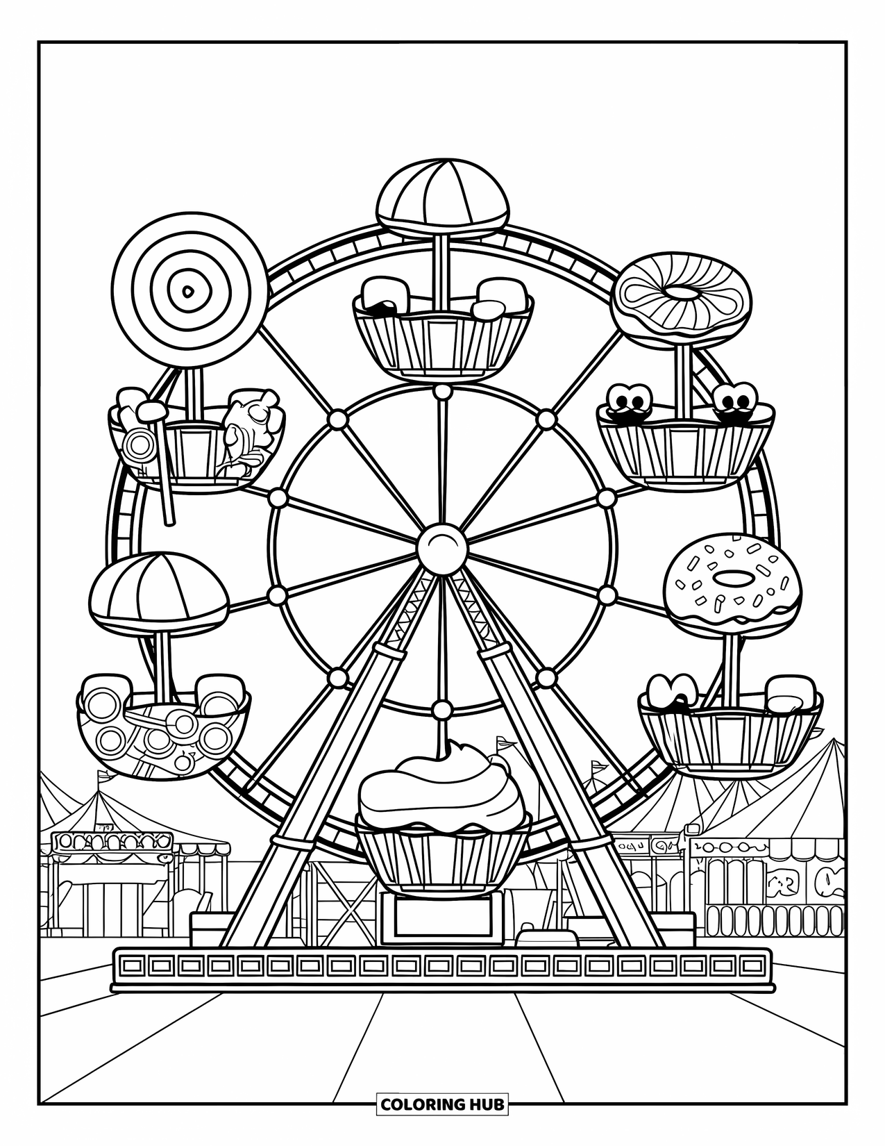 Candy Coloring Page for Kids: A candy-themed Ferris wheel with candy-shaped seats, located at a carnival with tents and games