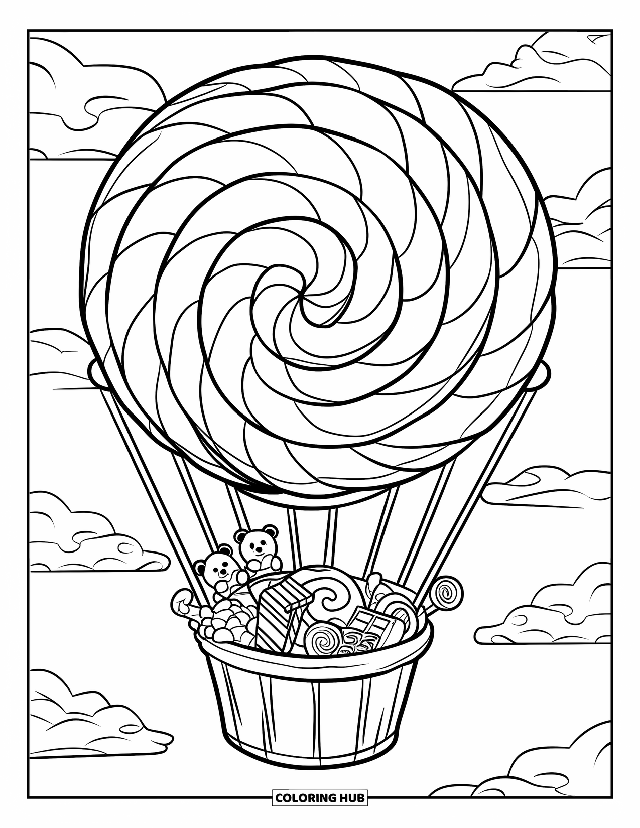 Candy Coloring Page for Kids: A candy-themed hot air balloon shaped like a lollipop, with a basket full of sweets