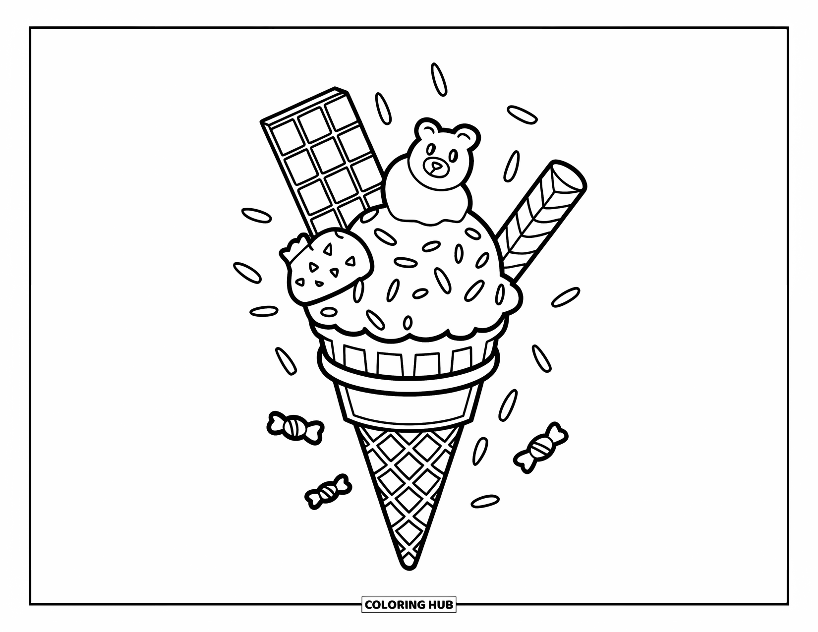 Candy Coloring Page for Kids: A candy-themed ice cream cone topped with a chocolate bar, gummy bear, and sprinkles