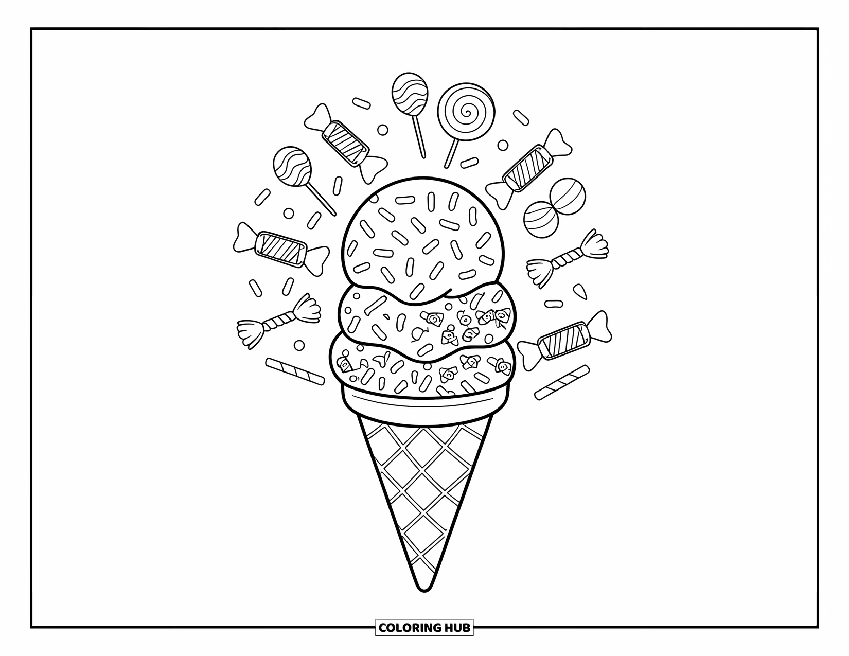 Candy Coloring Page for Kids: A candy-themed ice cream cone topped with sprinkles and wrapped candies like lollipops and gummies