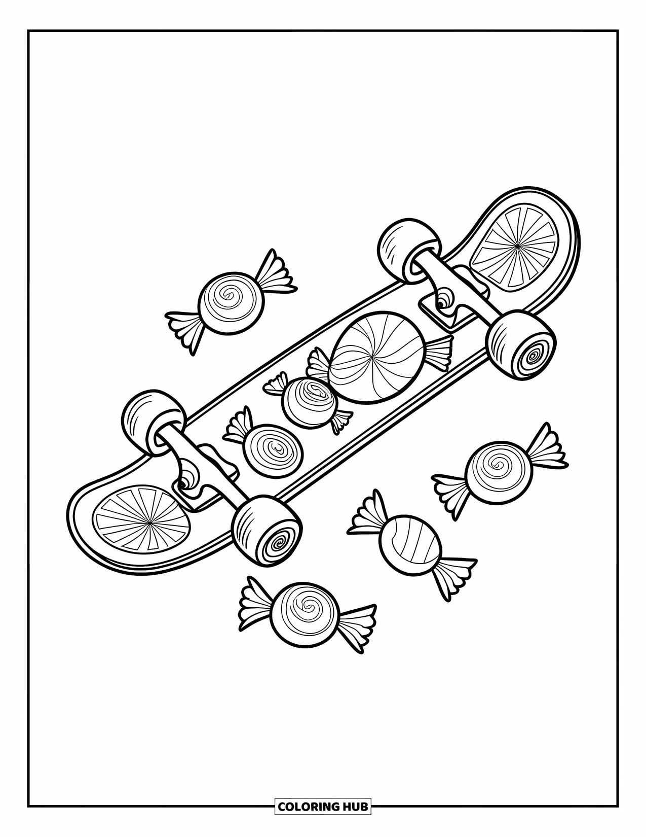 Candy Coloring Page for Kids: A candy-themed skateboard with a curved design and wrapped candy wheels, with scattered candies