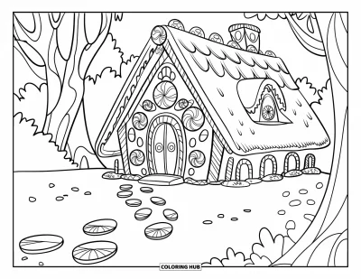 Candy Coloring Page for Kids: A candy trail leading to a gingerbread house decorated with candies and surrounded by trees