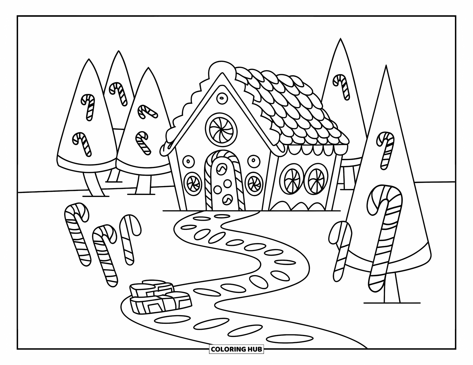 Candy Coloring Page for Kids: A candy trail leading to a gingerbread house with a candy cane roof and candy decorations