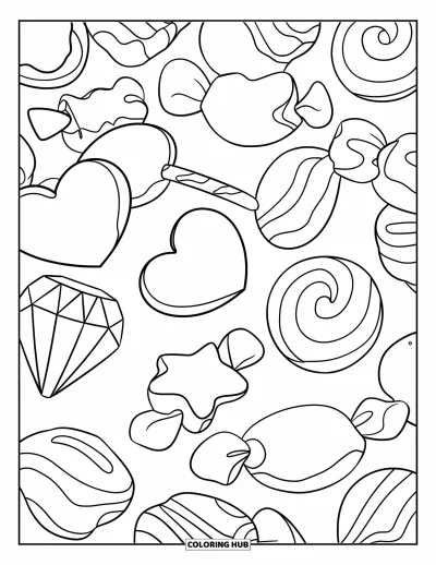 Candy Coloring Page for Kids: A collection of different-shaped candies like hearts, stars, diamonds, and circles scattered across the page