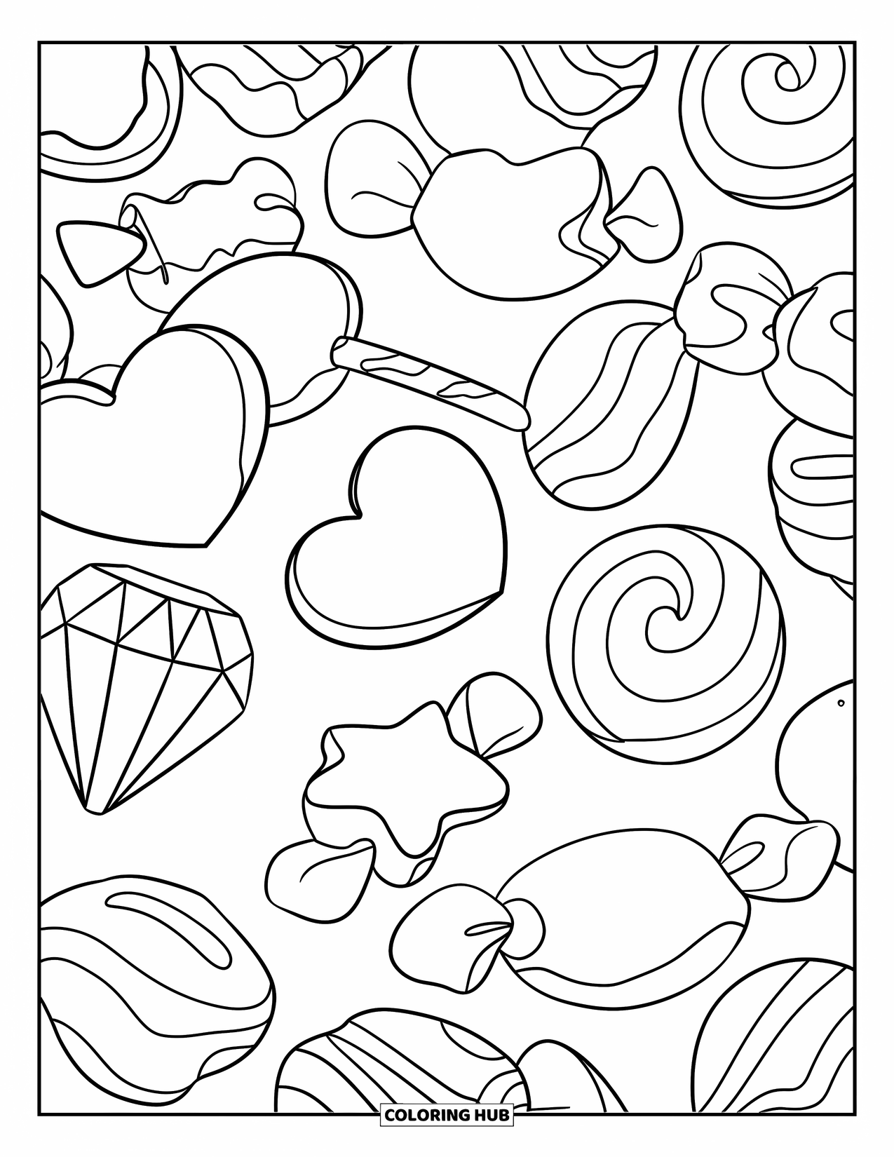 Candy Coloring Page for Kids: A collection of different-shaped candies like hearts, stars, diamonds, and circles scattered across the page