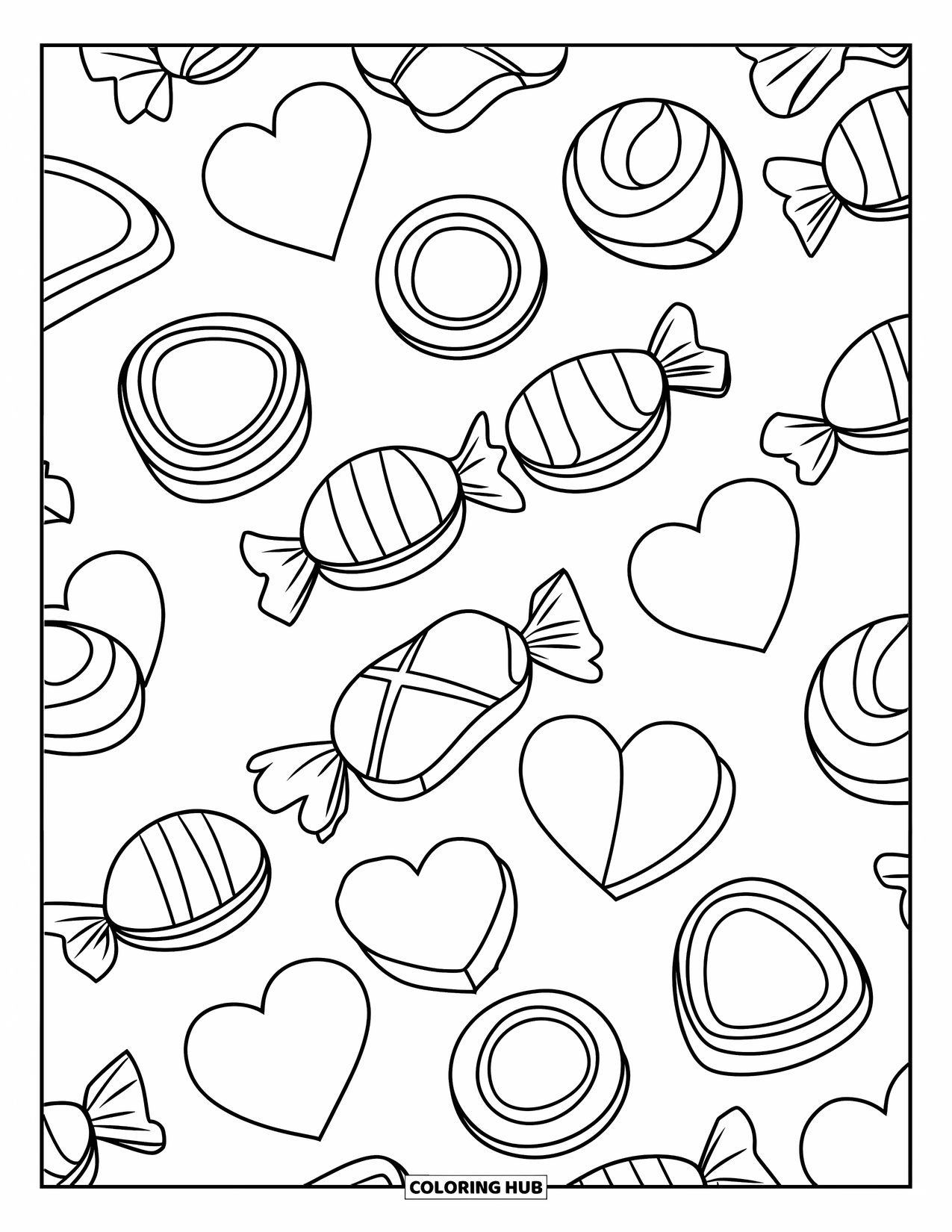 Candy Coloring Page for Kids: A collection of various candies like hearts, stars, and circles with small borders