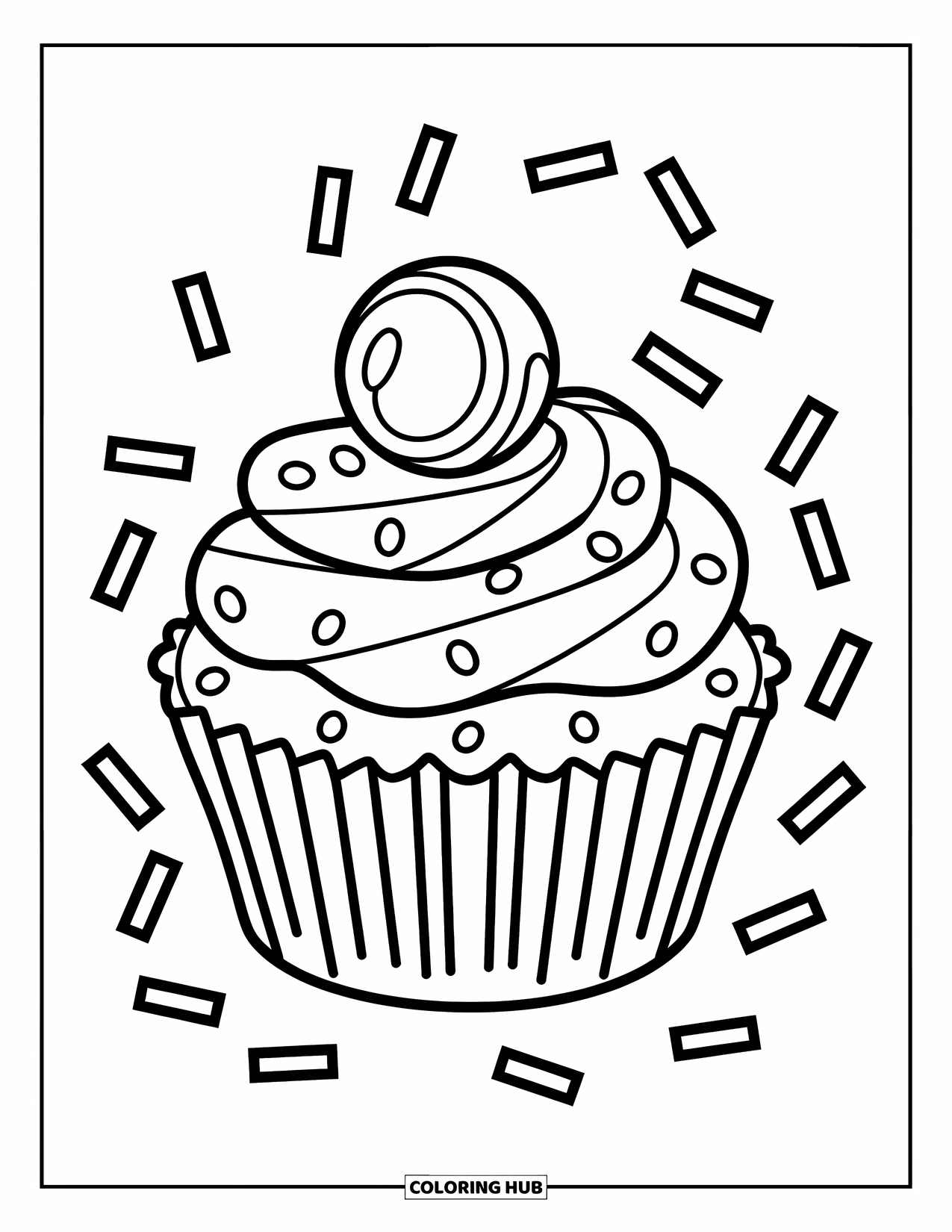 Candy Coloring Page for Kids: A cupcake topped with a candy piece and sprinkled with a few extra sprinkles