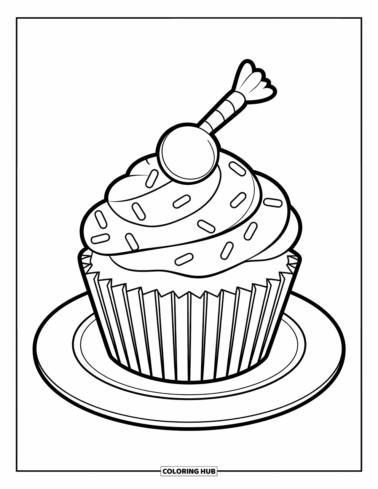 Candy Coloring Page for Kids: A cupcake with a single candy piece on top, surrounded by sprinkles