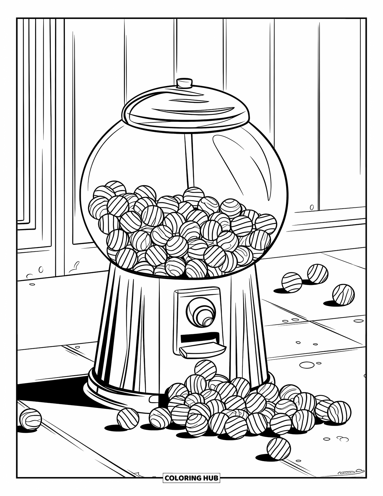 Candy Coloring Page for Kids: A detailed gumball machine with gumballs spilling out and forming a pile on the ground