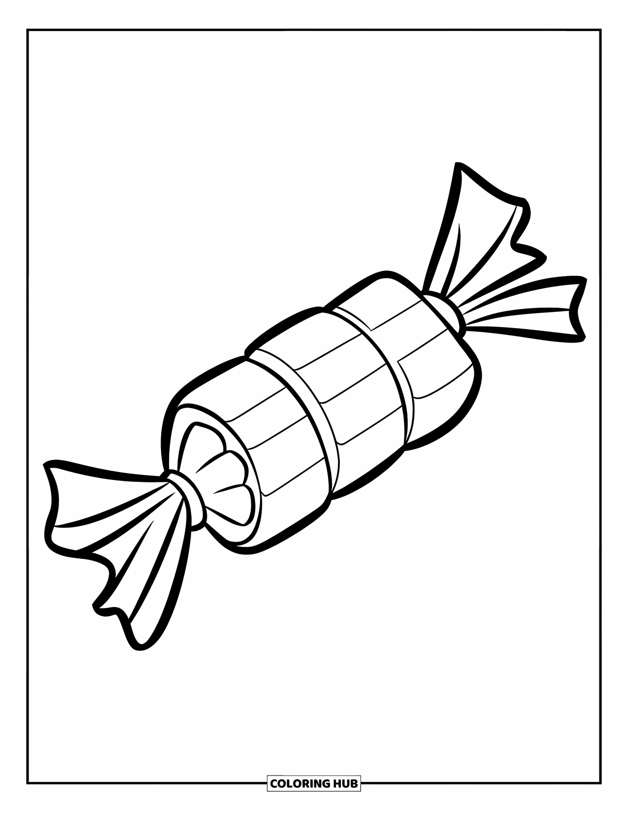 Candy Coloring Page for Kids: A floating wrapped toffee with bold ends, set against a clean background