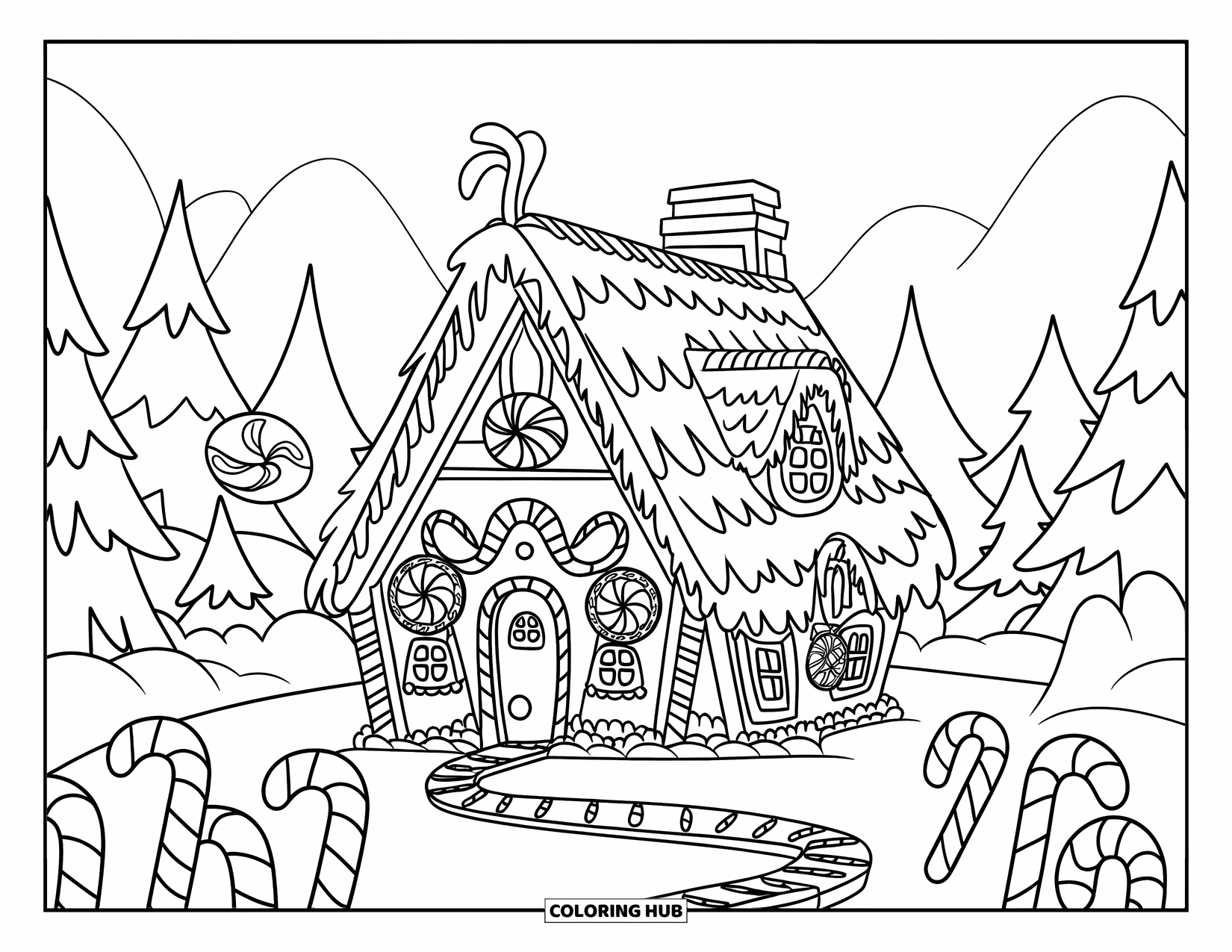 Candy Coloring Page for Kids: A gingerbread house with a candy trail, candy canes, and a snowy background with mountains