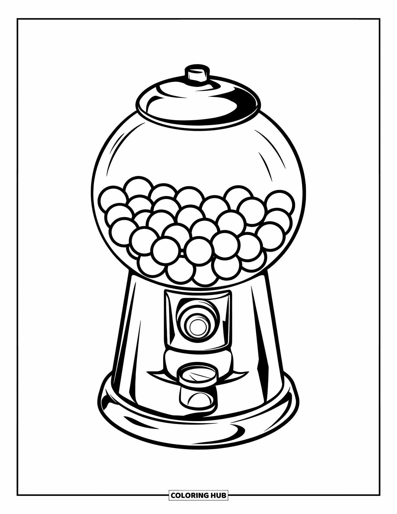 Candy Coloring Page for Kids: A gumball machine with a curved body, a coin slot, and a spout at the bottom