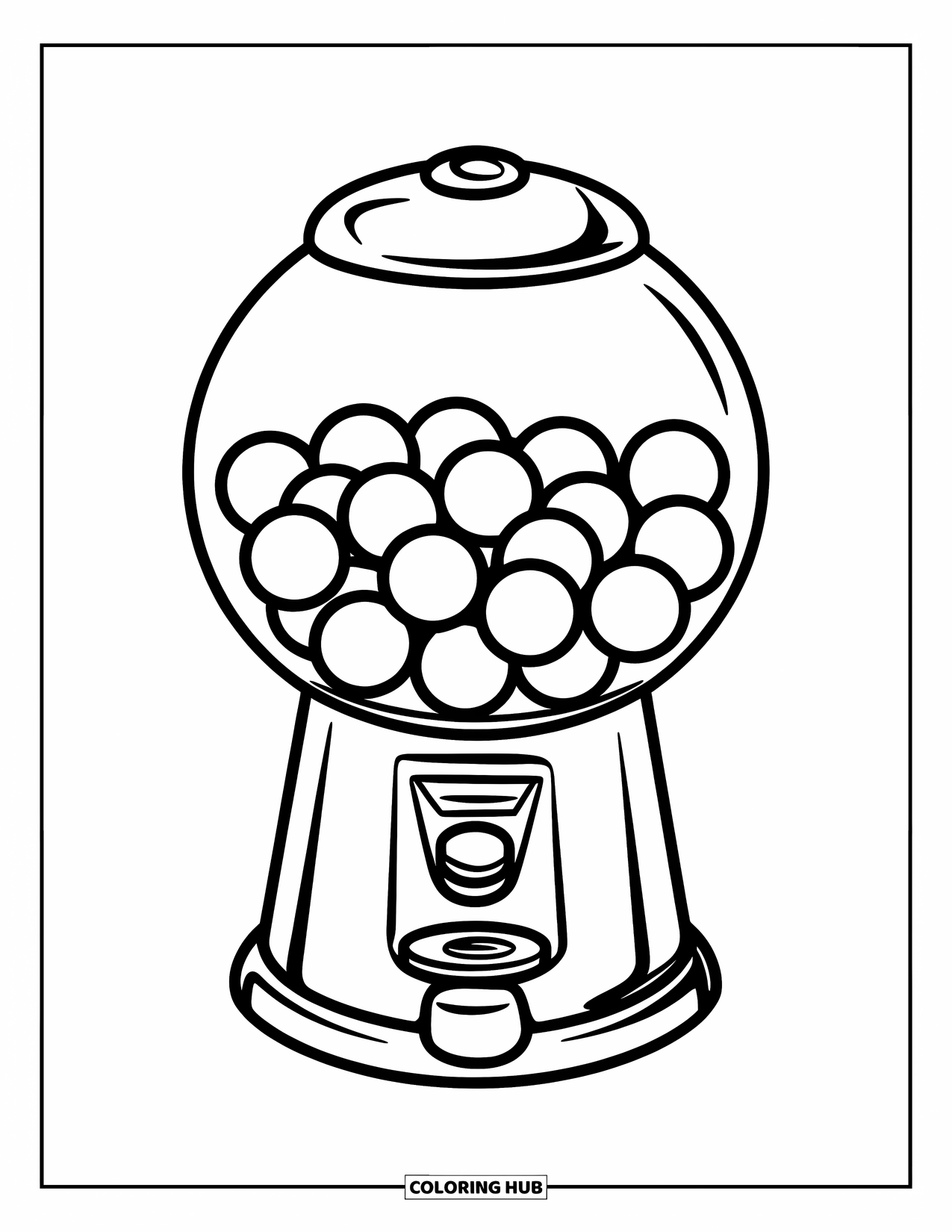 Candy Coloring Page for Kids: A gumball machine with a round body, gumballs inside, and a handle for dispensing
