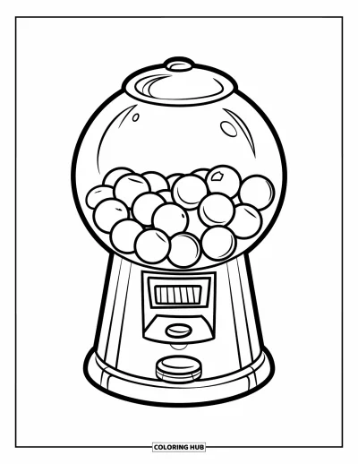 Candy Coloring Page for Kids: A gumball machine with a round body, multiple gumballs, and a coin slot at the top