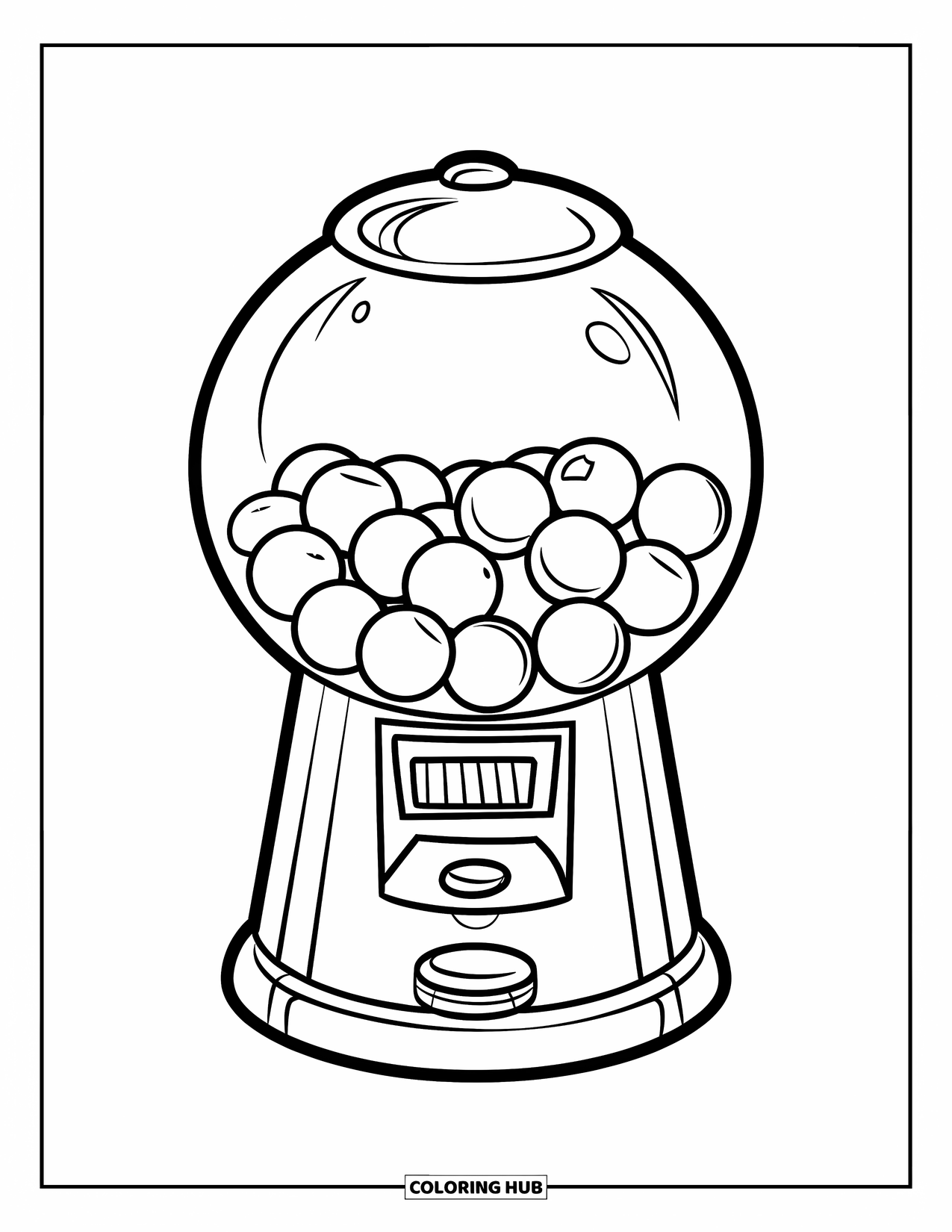 Candy Coloring Page for Kids: A gumball machine with a round body, multiple gumballs, and a coin slot at the top