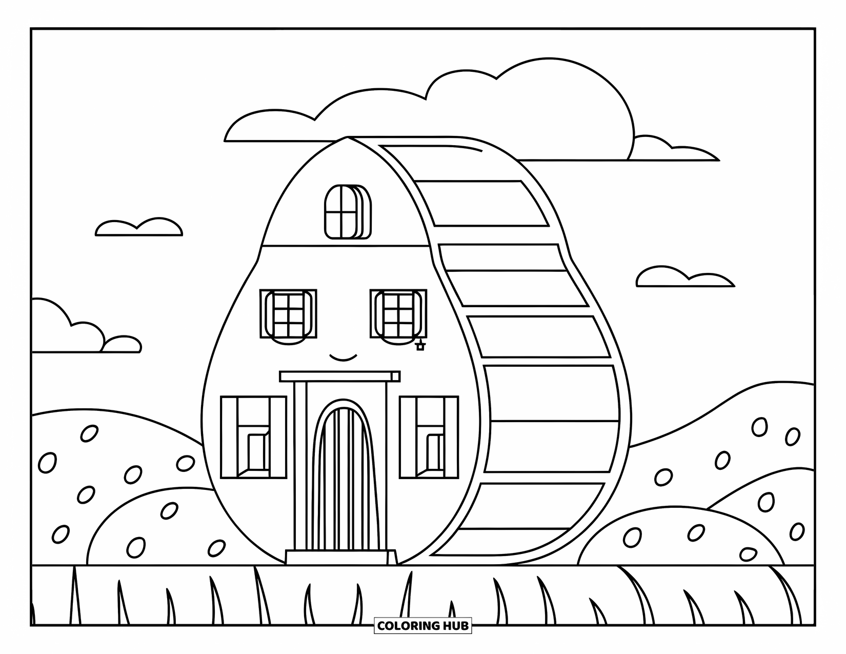 Candy Coloring Page for Kids: A gumdrop-shaped house with minimal windows, a red roof, and surrounded by a green field