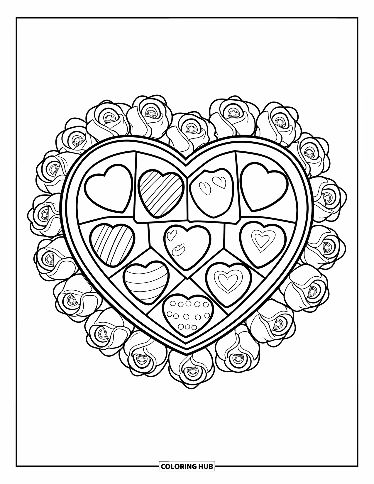 Candy Coloring Page for Kids: A heart-shaped box of chocolates surrounded by roses, with each piece slightly different