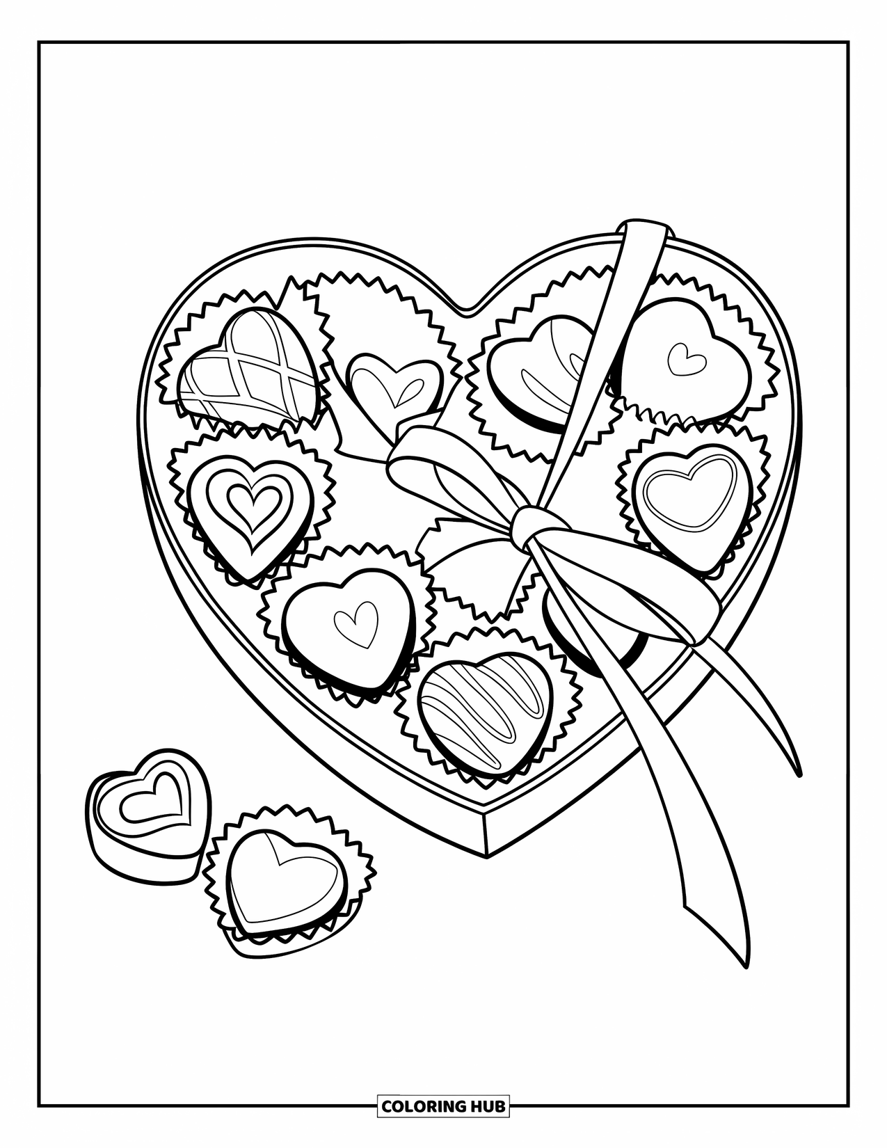 Candy Coloring Page for Kids: A heart-shaped box of chocolates with different-sized pieces and a ribbon tied around it