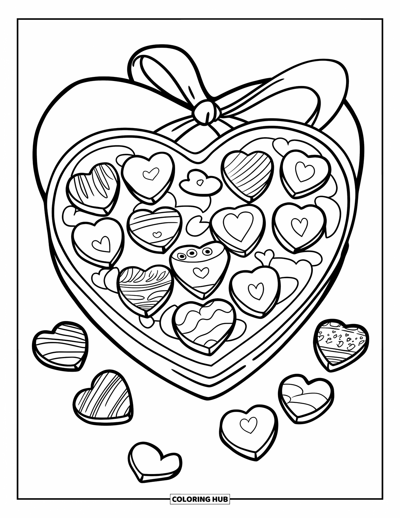 Candy Coloring Page for Kids: A heart-shaped box of chocolates with various pieces and a ribbon tied around it
