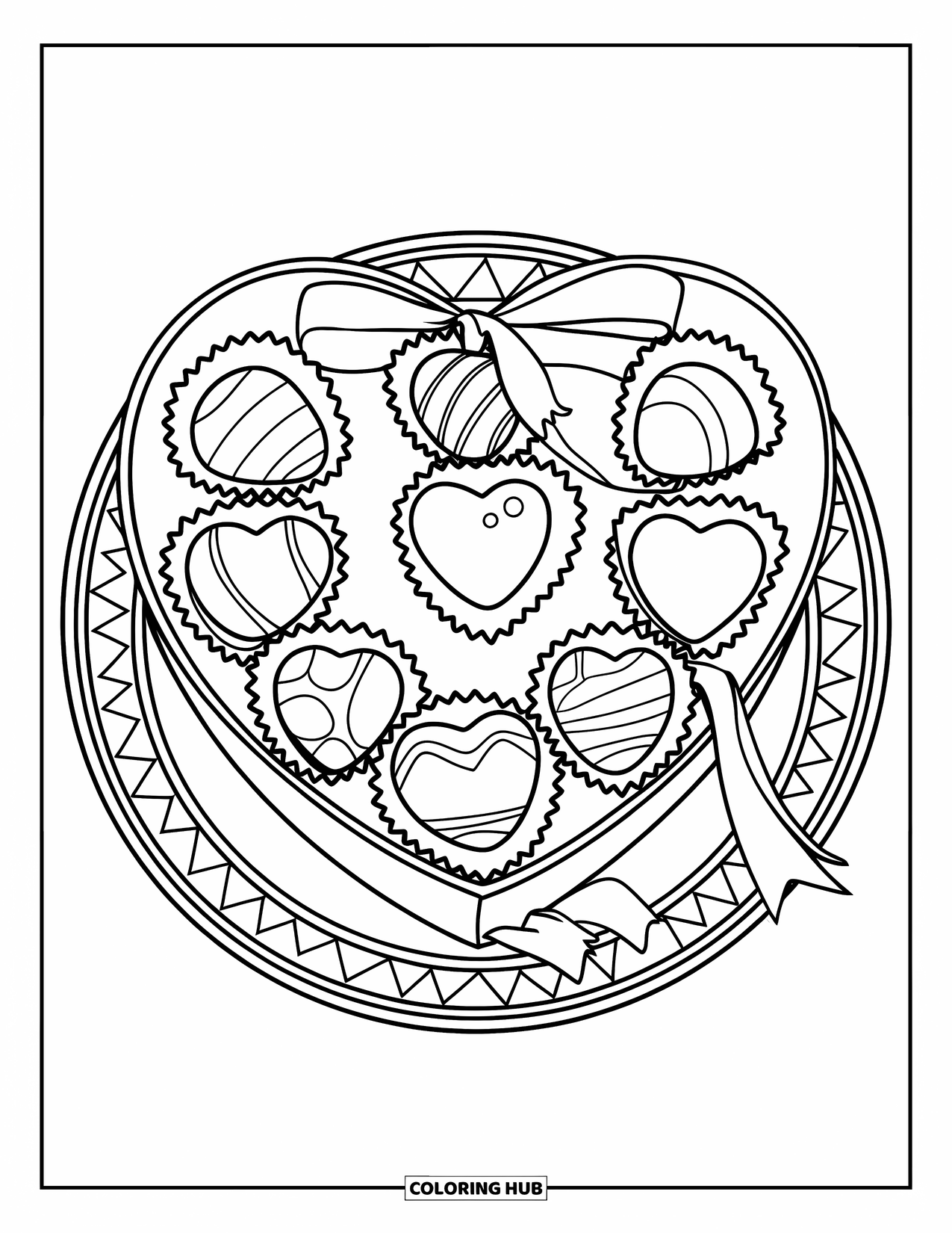Candy Coloring Page for Kids: A heart-shaped box of chocolates with varying pieces and a ribbon, resting on a plate