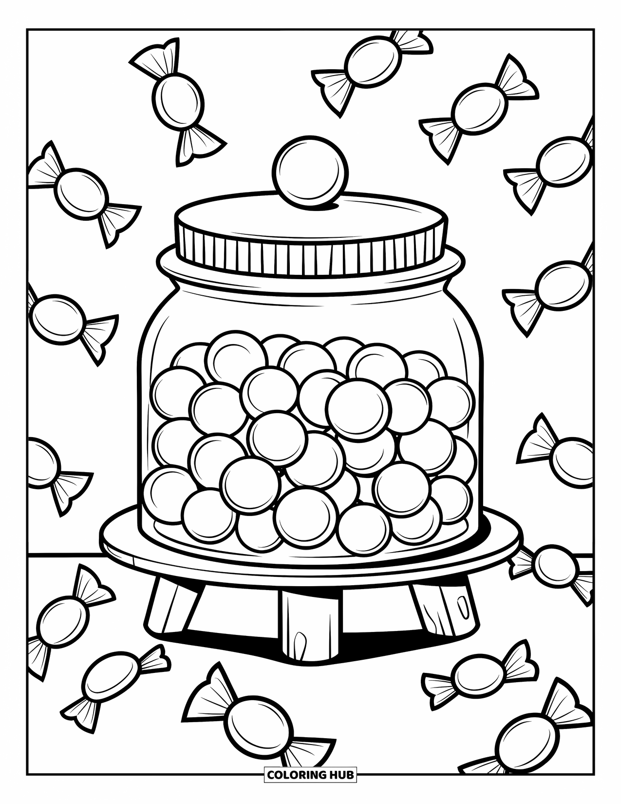 Candy Coloring Page for Kids: A jar filled with round candies on a wooden stand, with wrappers scattered around