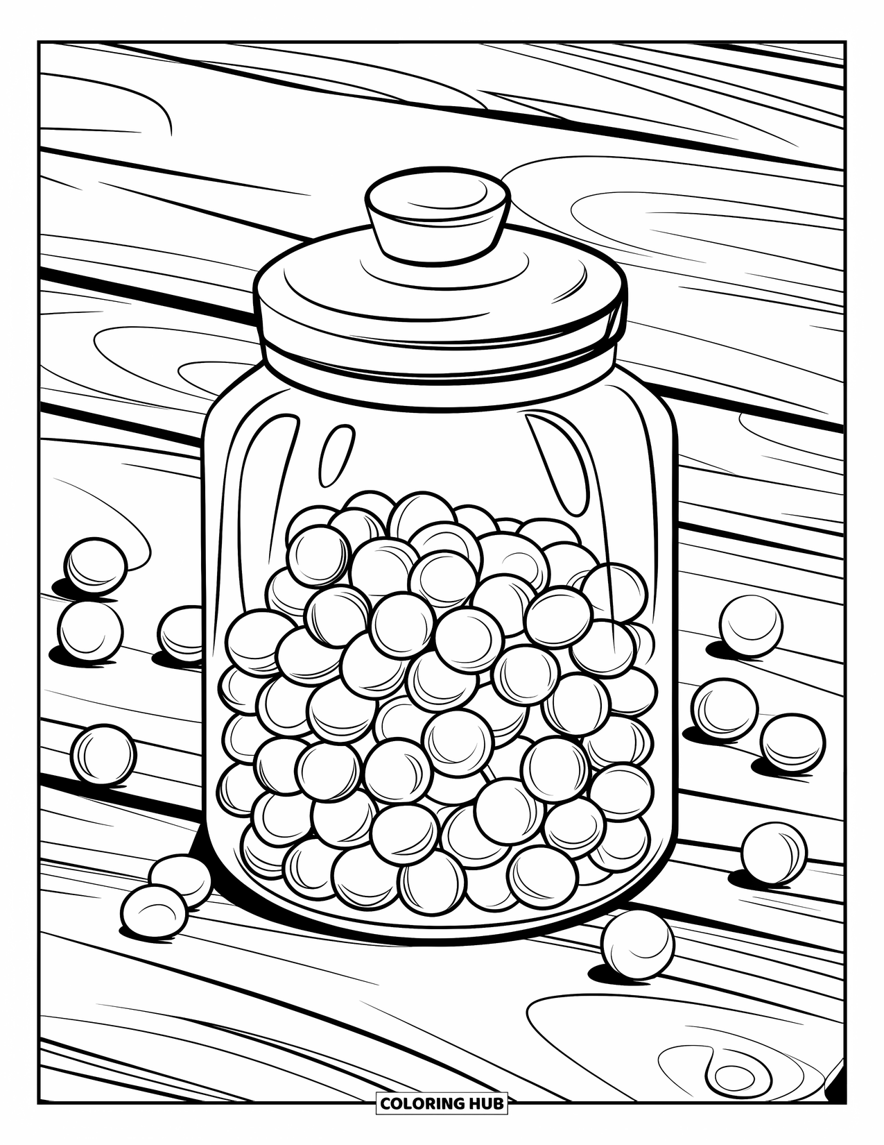 Candy Coloring Page for Kids: A jar filled with round candies, placed on a wooden surface with candies scattered around