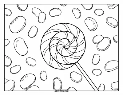 Candy Coloring Page for Kids: A large, intricate lollipop surrounded by floating jelly beans in a fun and bold design