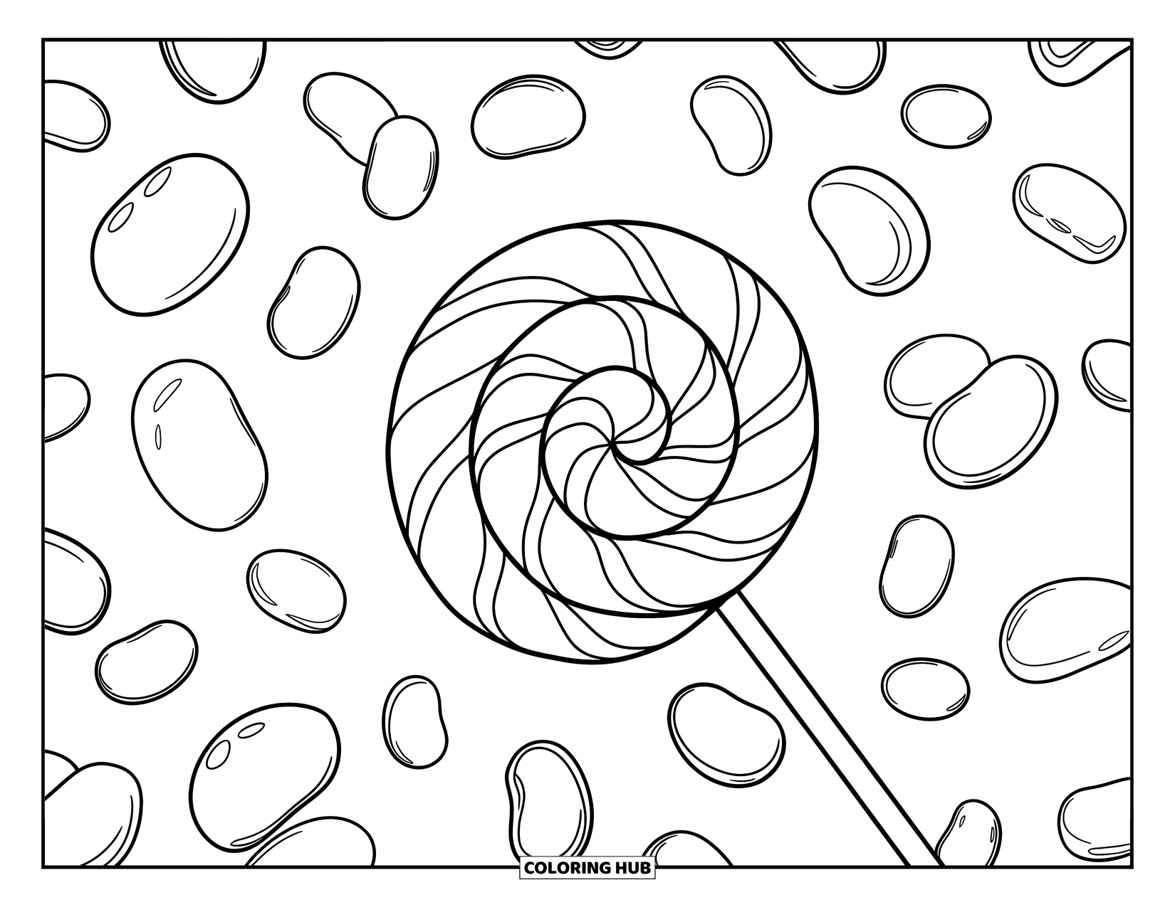 Candy Coloring Page for Kids: A large, intricate lollipop surrounded by floating jelly beans in a fun and bold design