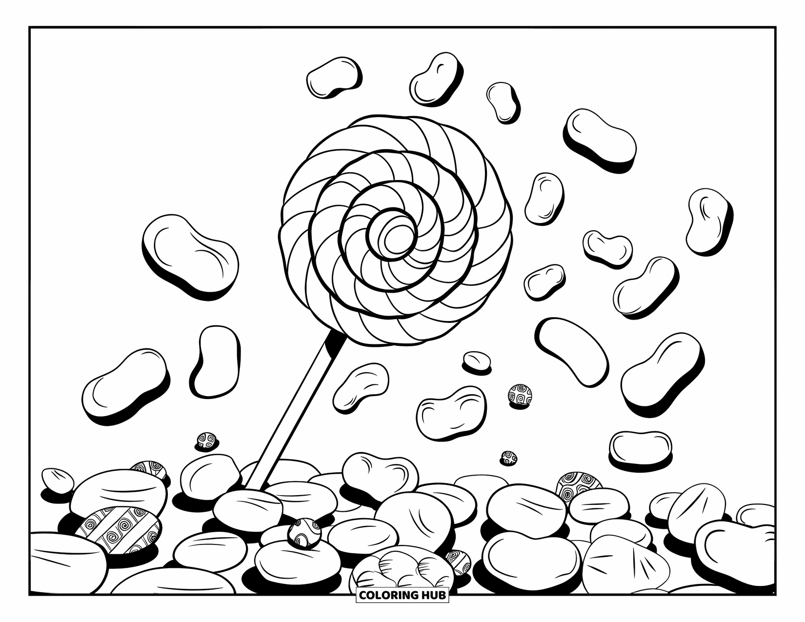 Candy Coloring Page for Kids: A large, intricate lollipop with floating jelly beans and small candies in a fun layout