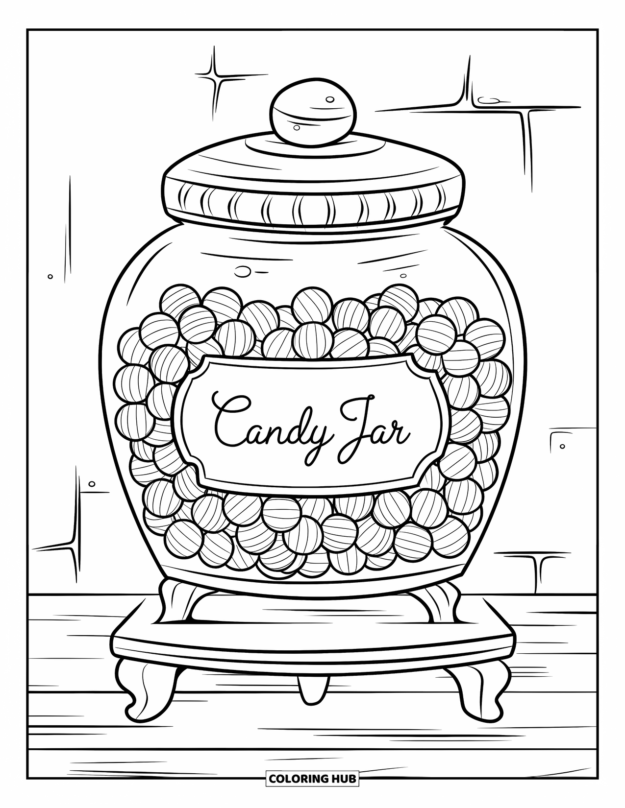 Candy Coloring Page for Kids: A large jar filled with round candies, labeled "Candy Jar", sitting on a wooden stand