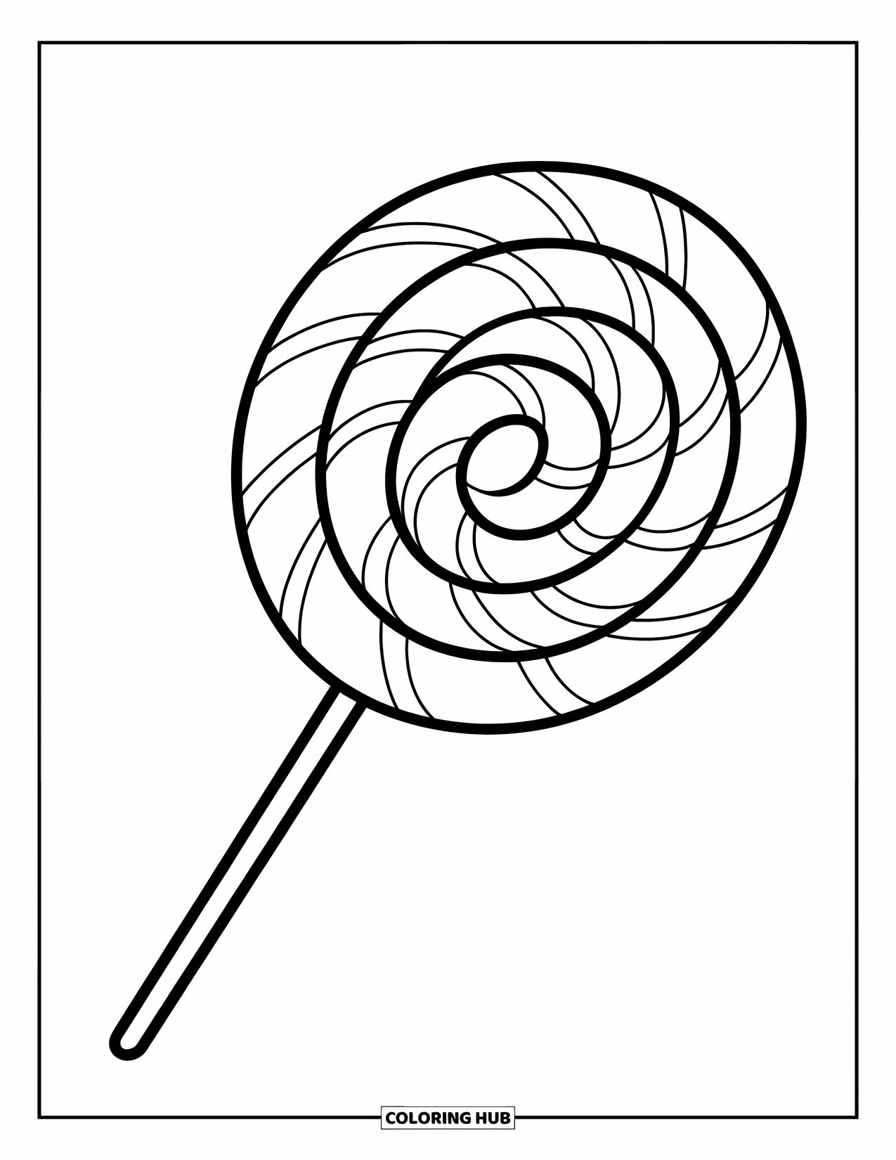 Candy Coloring Page for Kids: A large lollipop with a spiral design and thick outlines