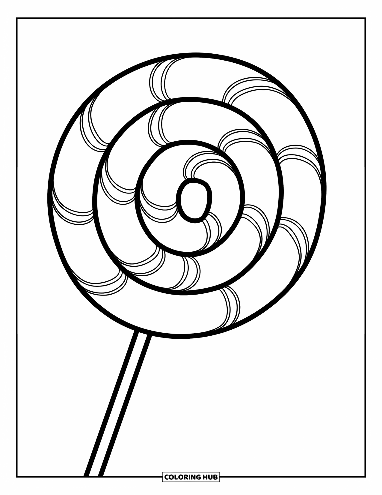 Candy Coloring Page for Kids: A large lollipop with a spiral design, clean, bold outlines, and a simple design