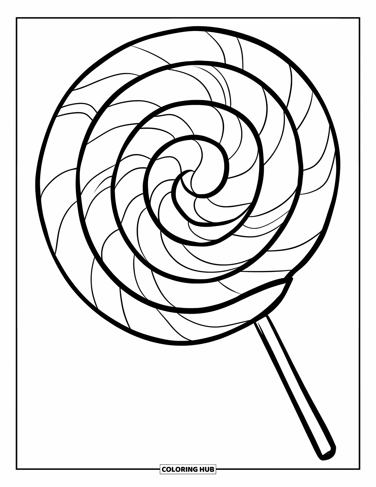 Candy Coloring Page for Kids: A large lollipop with a spiral design, clean outlines, and a cheerful vibe